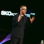 Keynote speaker David Meade engaging Darktrace audience during Netflix-style broadcast | David Meade Events
